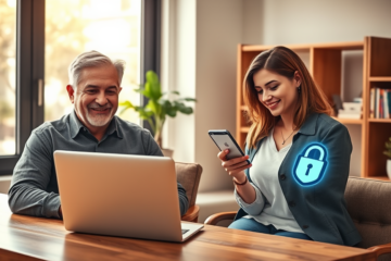 Ambiente moderno com pessoas acessando crédito digital seguro em dispositivos com expressão confiante e ambiente educativo