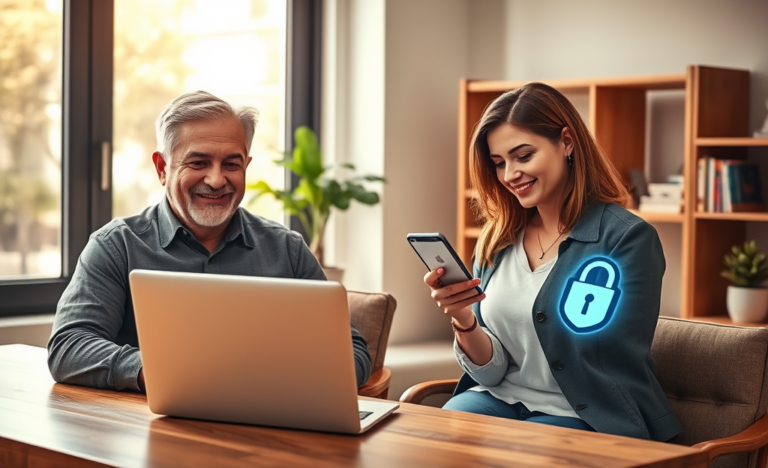 Ambiente moderno com pessoas acessando crédito digital seguro em dispositivos com expressão confiante e ambiente educativo