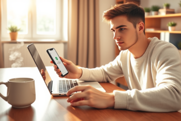 Pessoa jovem usando smartphone e laptop em escritório moderno recebendo dinheiro rápido na conta em poucos minutos