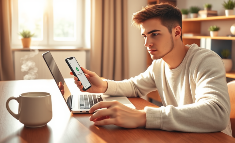 Pessoa jovem usando smartphone e laptop em escritório moderno recebendo dinheiro rápido na conta em poucos minutos