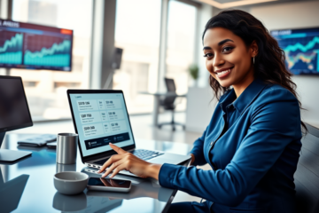Profissional analisando opções de crédito digital em laptop moderno, ambiente de escritório financeiro seguro e iluminado