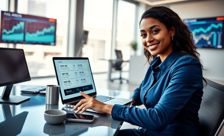 Profissional analisando opções de crédito digital em laptop moderno, ambiente de escritório financeiro seguro e iluminado