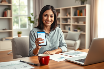 Mulher brasileira sorridente usando smartphone para solicitar empréstimo pessoal Avant nos EUA em ambiente de escritório caseiro iluminado