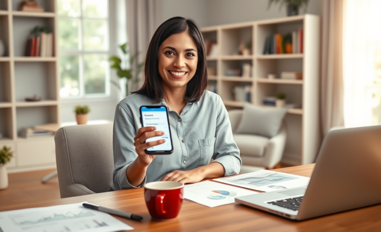 Mulher brasileira sorridente usando smartphone para solicitar empréstimo pessoal Avant nos EUA em ambiente de escritório caseiro iluminado