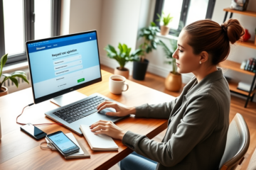 Jovem profissional em escritório moderno usando laptop para solicitar crédito digital no Discover Bank com ambiente iluminado e aconchegante
