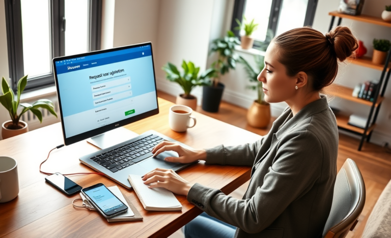 Jovem profissional em escritório moderno usando laptop para solicitar crédito digital no Discover Bank com ambiente iluminado e aconchegante