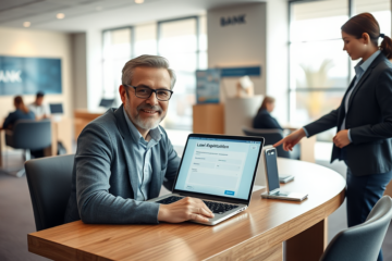 Pessoa em banco moderno solicitando empréstimo online no laptop com atendente auxiliando em ambiente iluminado e profissional