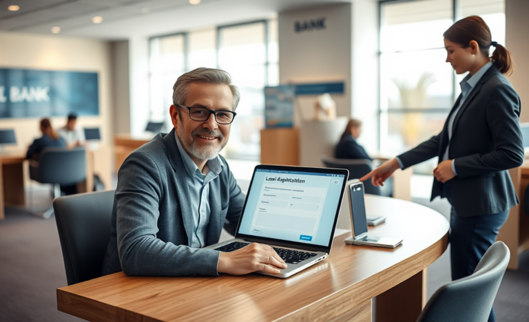 Pessoa em banco moderno solicitando empréstimo online no laptop com atendente auxiliando em ambiente iluminado e profissional