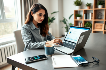 Mulher usando laptop em escritório moderno fazendo empréstimo online na SoFi com taxas e condições exibidas na tela