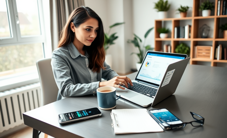 Mulher usando laptop em escritório moderno fazendo empréstimo online na SoFi com taxas e condições exibidas na tela