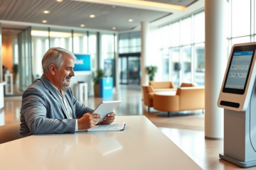 Cliente conversando com representante bancário em agência moderna, explorando opções e vantagens de crédito rápido no banco