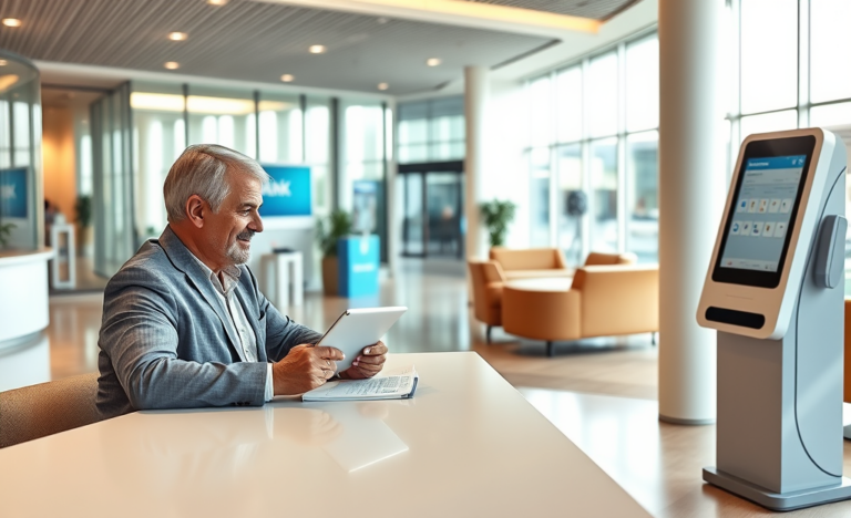 Cliente conversando com representante bancário em agência moderna, explorando opções e vantagens de crédito rápido no banco