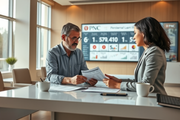 Cliente consultando profissional em agência bancária moderna sobre empréstimo pessoal PNC Bank com opções e taxas visíveis