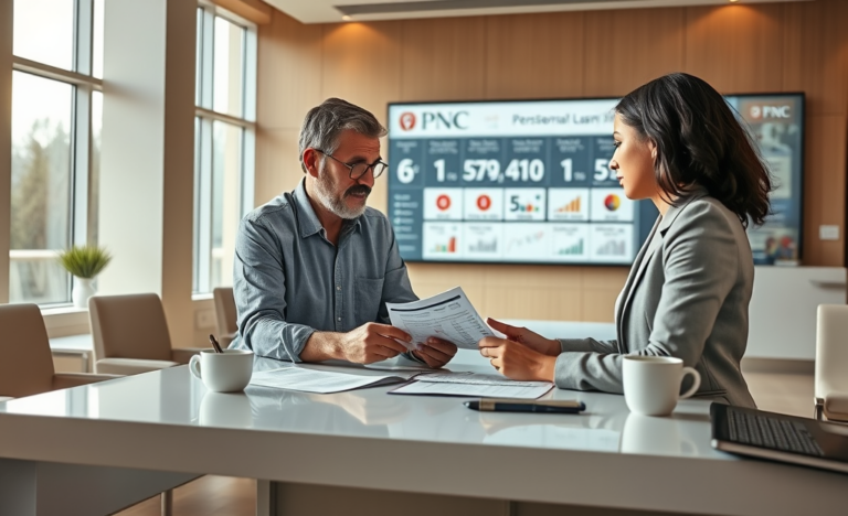 Cliente consultando profissional em agência bancária moderna sobre empréstimo pessoal PNC Bank com opções e taxas visíveis