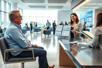 Cliente conversando com consultora bancária em agência moderna sobre opções e vantagens de financiamento pessoal