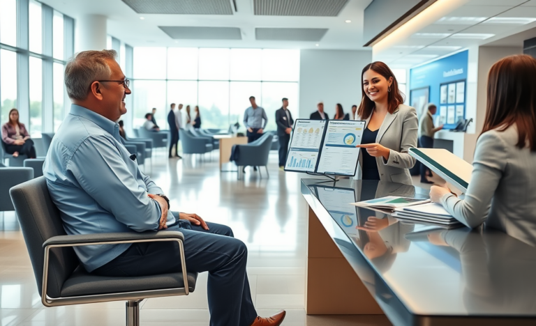 Cliente conversando com consultora bancária em agência moderna sobre opções e vantagens de financiamento pessoal